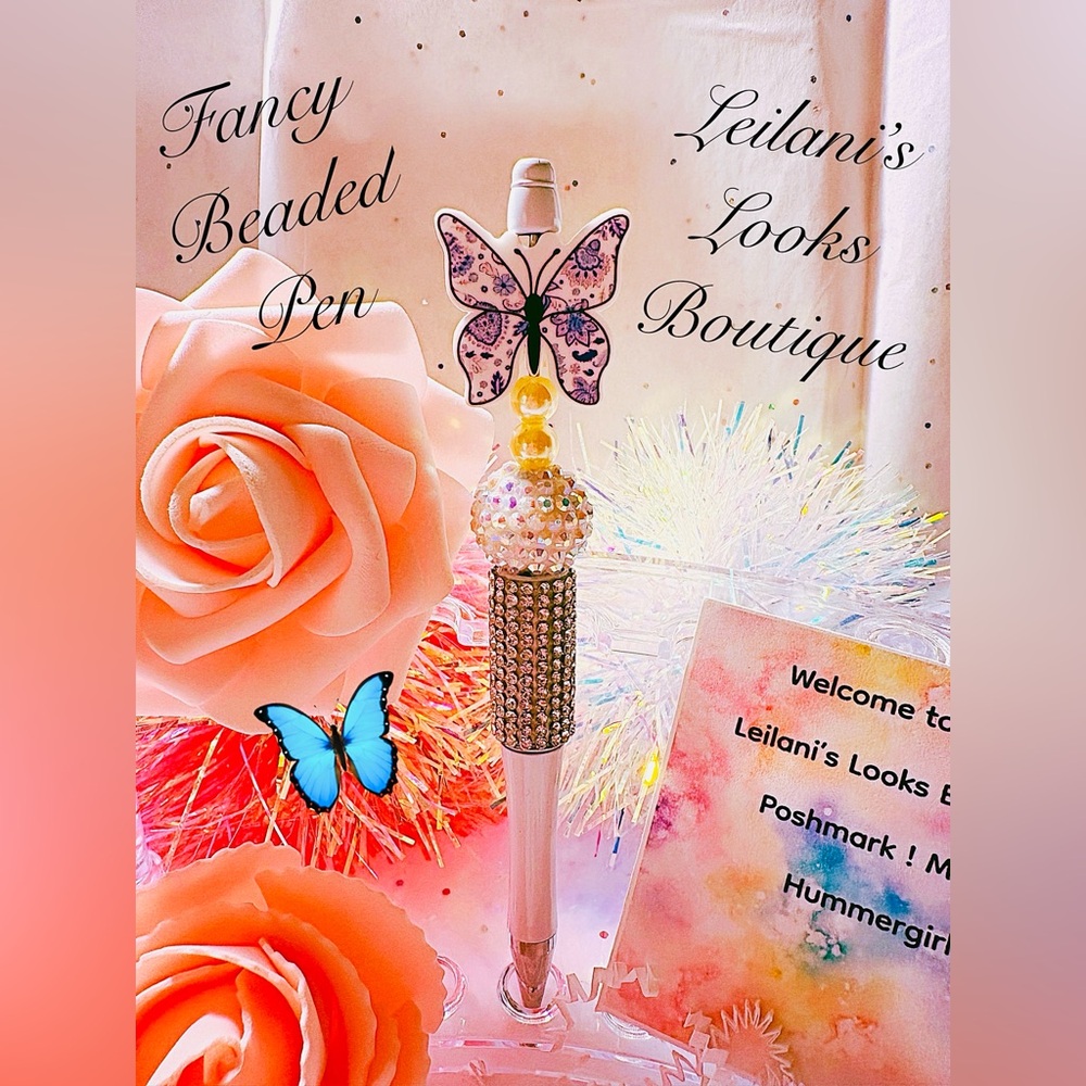 fancy beaded pen/gifts/white beads/pearls/purple butterfly
